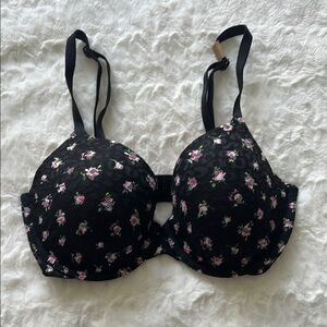PINK Victoria's Secret Black and Pink Floral Bra with Molded Cups